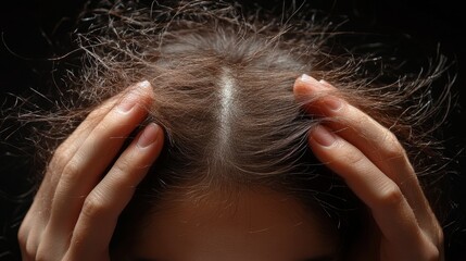 Fototapeta premium Mature woman combing her gray hair and noticing hair loss, concerned by alopecia and aging process