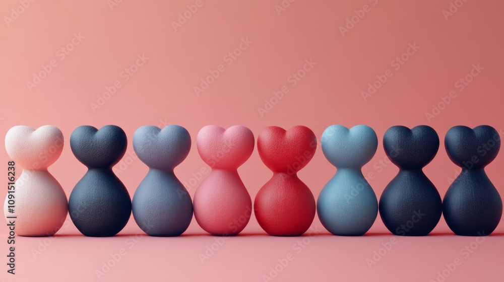 Poster a row of colorful heart-shaped figurines on a soft gradient background.