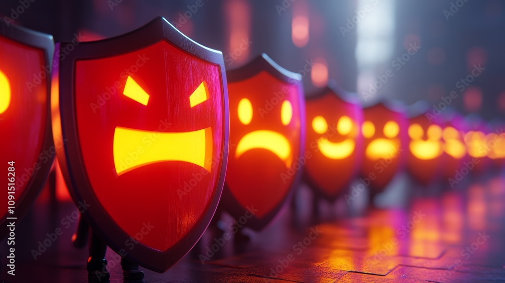 Aufkleber a row of colorful shields displaying various facial expressions, symbolizing protection and emotions