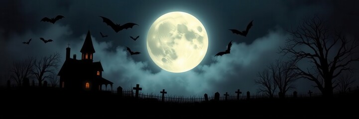A spooky Halloween background with eerie fog, haunted house silhouette, full moon, bats, and a creepy graveyard, creepy, silhouette