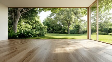 A minimalist spacious room features large windows showcasing lush green outdoors, harmonizing the simplicity of interior space with vibrant natural scenery outside.