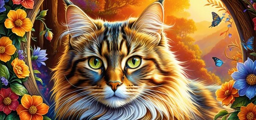 Vibrant portrait of a cat amidst colorful flowers and butterflies in a lush forest setting