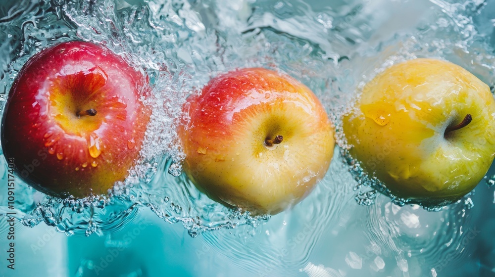 Poster three apples splashing into water in slow motion