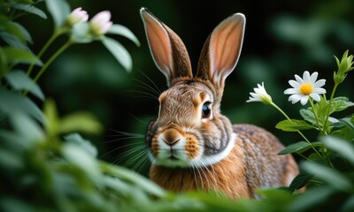 Obraz premium Curious rabbit among flowers: nature's springtime beauty captured