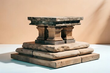 Ancient Stone Architectural Pedestal Display.  Close-up of a weathered stone podium  with classical architectural columns and layered base, highlighting intricate historical design details