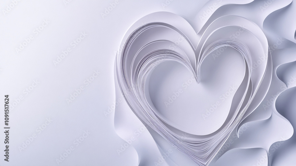 Poster paper cut heart design in minimalist style with soft shadows and light color palette