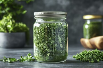 Freshly dried herbs in glass jar for culinary use in rustic kitchen setting