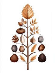 A beautifully illustrated tree displaying various leaves and nuts in warm earth tones.