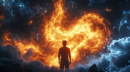 Obraz premium A silhouetted figure stands before a vibrant cosmic explosion, evoking wonder and exploration.