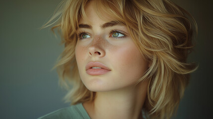 Naklejka premium Natural Portrait of Freckled Woman with Wavy Blonde Hair and Green Eyes in Soft Lighting