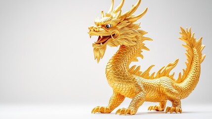 Obraz premium Golden Chinese dragon model on a white backdrop, symbol of power
