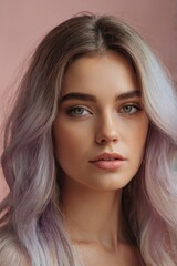 Fototapeta premium Portrait of young woman with purple hair showing perfect skin and makeup