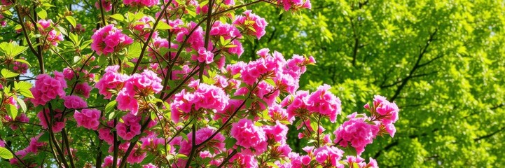 Obraz premium A vibrant and colorful spring background featuring blooming flowers, fresh green leaves, and sunlight filtering through the trees, background, nature