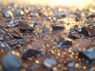 Close-up of shiny chocolate shards on a reflective surface.