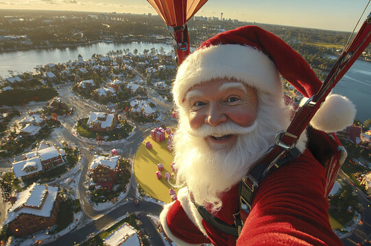 Santa Claus parachuting over snowy village at sunrise for Christmas adventure