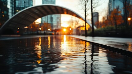 Obraz premium An image showcasing grand architectural arches reflected in water at sunset, blending modern design with the serene beauty of nature in an urban setting.