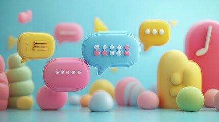 Obraz premium Colorful 3D speech bubbles and shapes, symbolizing communication and social interaction.
