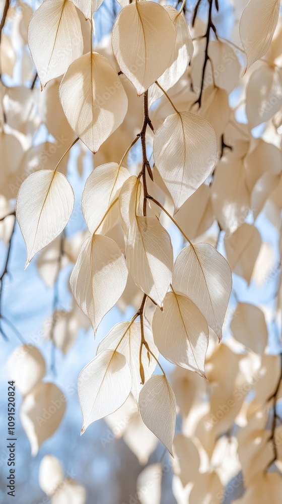 Poster soft white leaves gently cascading against a smooth gradient background in a serene setting during d