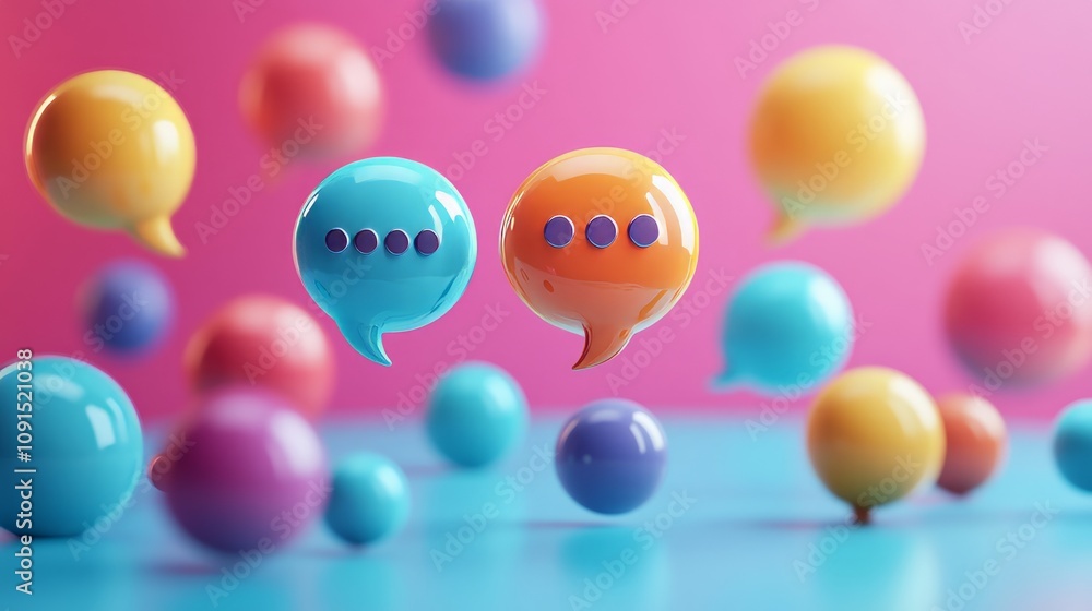 Poster colorful speech bubbles floating in a vibrant background, symbolizing communication and interaction.