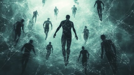 Ethereal figures navigating a digital landscape, symbolizing connection and exploration.