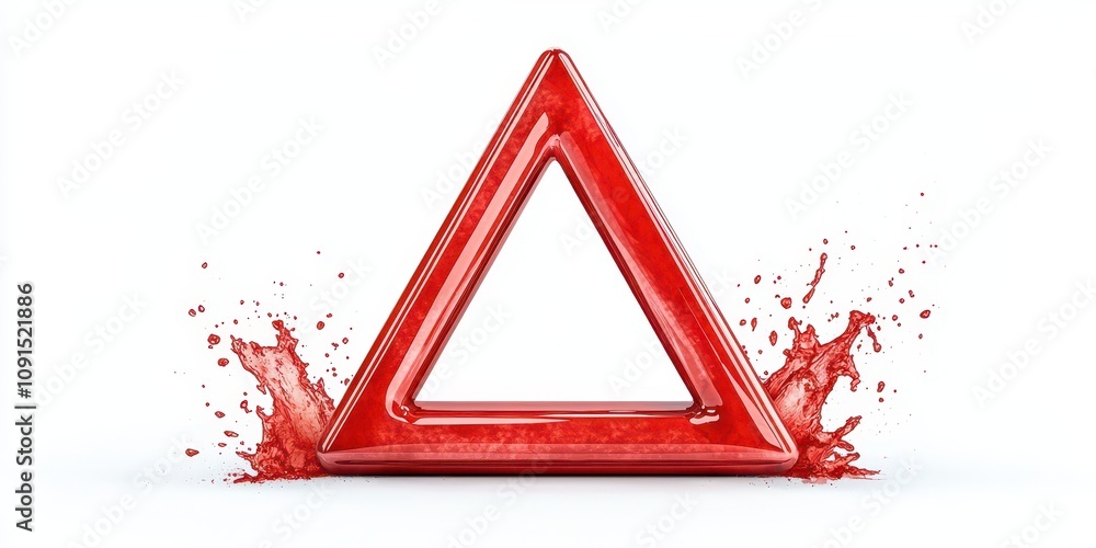 Poster a vibrant red triangular shape splashed with paint creates a striking visual effect.