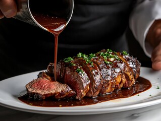 Chef pouring rich sauce over tender steak gourmet restaurant food elegant setting culinary art