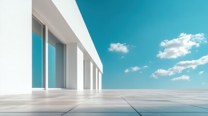 Obraz premium This image showcases a modern, minimalist architectural design with large windows and a clear blue sky, symbolizing tranquility and innovation in urban spaces.