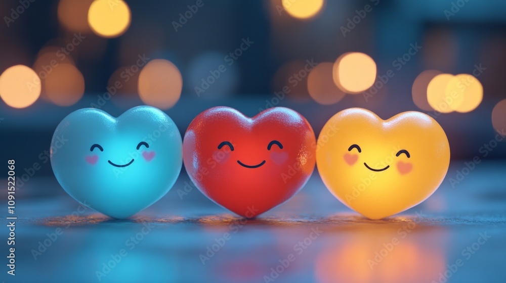 Poster three colorful heart-shaped figures with smiling faces, creating a cheerful atmosphere.