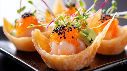 Gourmet sushi bites upscale restaurant food elegant setting close-up culinary art