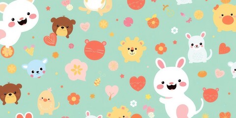 Obraz premium A whimsical and colorful pastel background featuring playful cartoon animals and sweets, cute, sweets