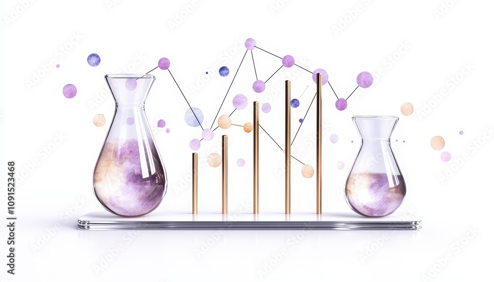 Poster colorful laboratory equipment with graphs representing data analysis and experimentation.
