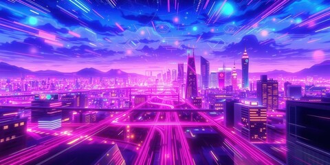 Abstract colorful anime background with futuristic cityscape and neon lights, anime landscape, dynamic