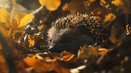 Fototapeta premium Hedgehog nestled in autumn leaves, backlit by sunlight.