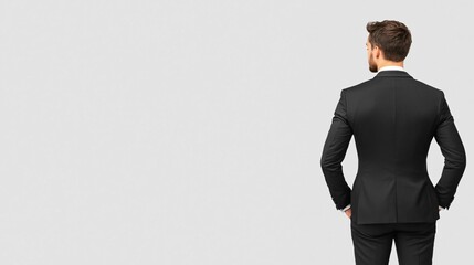 Tuxedo suit for wedding. A man in a tailored black suit stands confidently, facing away against a minimalistic background, embodying professionalism and style.