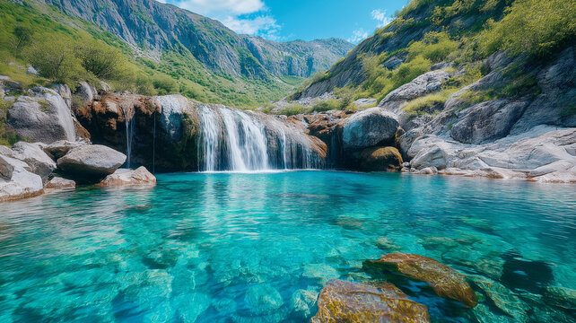 stunning waterfall cascades into crystal clear pool surrounded by lush greenery and rocky terrain - Powered by Adobe