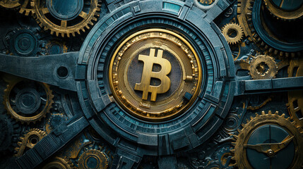 An abstract clock made of metallic gears and digital currency symbols, symbolizing time and financial strategy