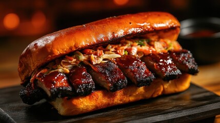 Memphis style BBQ rib sandwich with a glossy brioche bun, piled high with tender ribs and tangy coleslaw, artfully arranged on a wooden serving board for a rustic presentation.