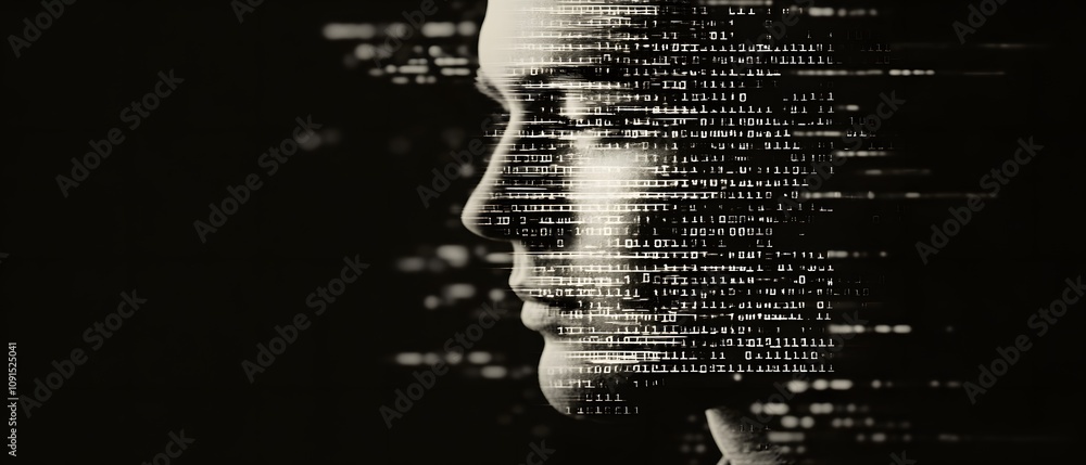 Fototapete Abstract Representation of Human Profile Intersecting with Binary Code, Symbolizing Artificial Intelligence Integration, Data Processing, and Technological Evolution