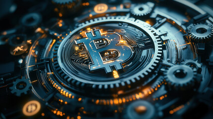 Fototapeta premium An abstract clock made of metallic gears and digital currency symbols, symbolizing time and financial strategy