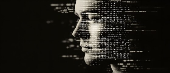 Abstract Representation of Human Profile Intersecting with Binary Code, Symbolizing Artificial Intelligence Integration, Data Processing, and Technological Evolution