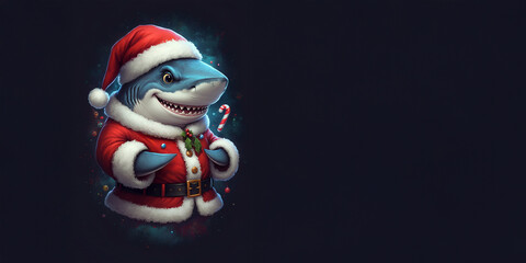 Fototapeta premium Shark Santa Claus, Wildlife Merry Christmas Card, Holiday Celebration, Funny Animal