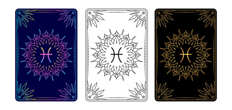 Tarot card with Pisces  zodiac sign. Simple line art style.