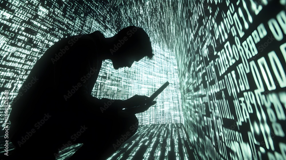 Fototapete Silhouette of a Person Interacting with a Smartphone Surrounded by Green Matrix Code Representing Digital Data and Technology in a Futuristic Environment