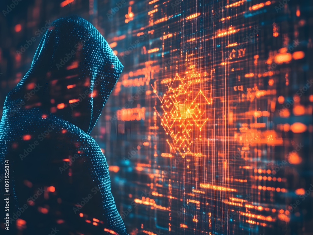 Leinwandbilder Mysterious Figure in Hoodie Staring at Digital Data Streams with Matrix Style Graphics Symbolizing Cybersecurity, Hacking, and High-Tech Environments