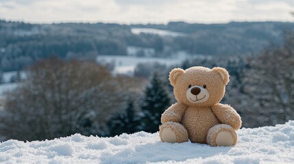 Teddy bear in the snow overlooking pine forests and rolling hills on a cloudy winter day