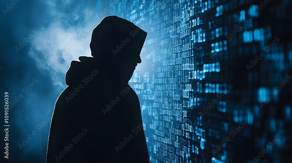 Poster Mysterious Hooded Figure Against a Digital Matrix Background Representing Cybersecurity Threats and Modern Technology in a Dark Environment