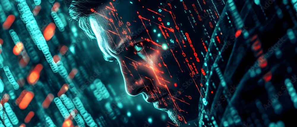 Leinwandbilder Futuristic Portrait of a Man with Digital Data Overlay and Glowing Elements Representing Data Science, Technology, and Cybersecurity Concepts