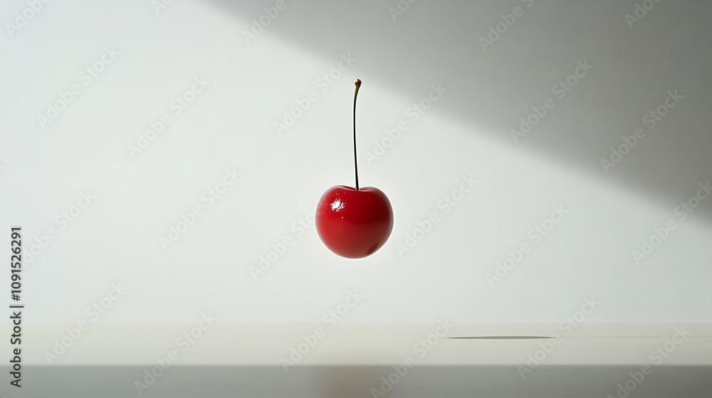 Poster a single red cherry appears to float against a white background