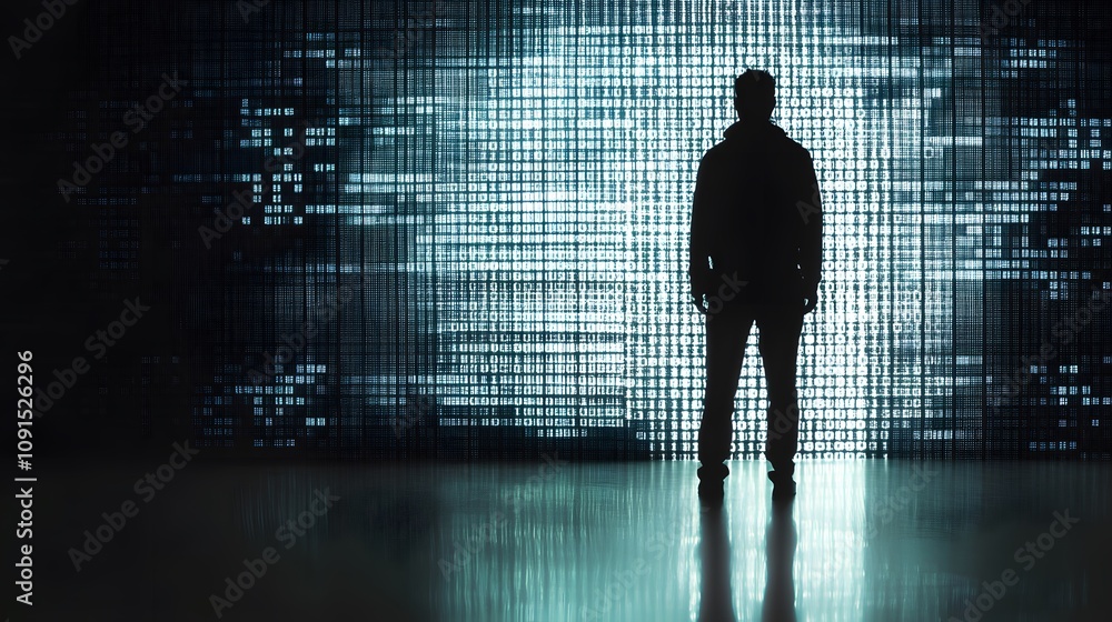 Fototapete mysterious silhouette of a person against a backdrop of binary code in shades of blue and black, sym