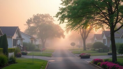 Obraz premium Neighborhood street at dawn with mist over flower beds, suburb, landscape